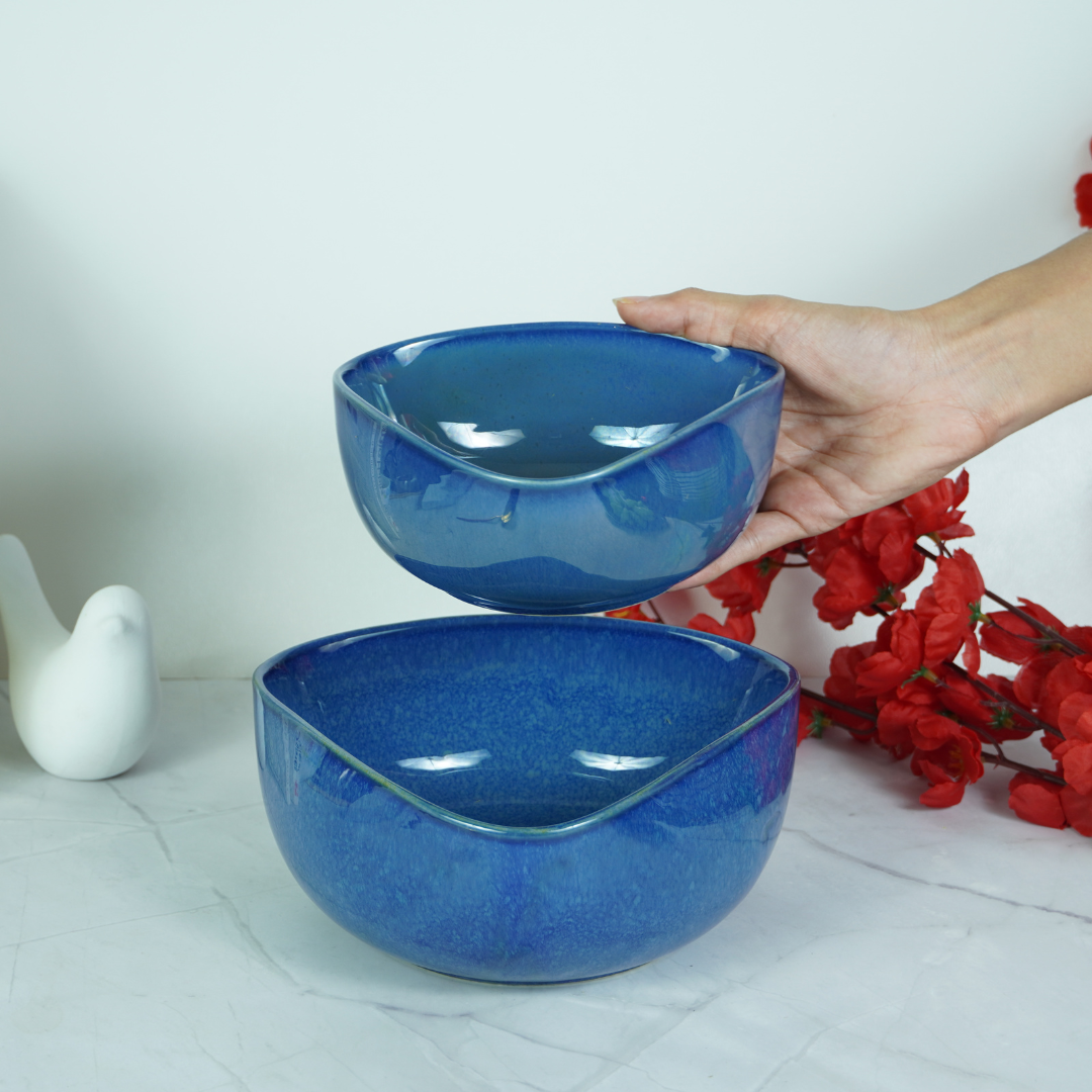 Glossy Blue Ceramic Triangle Serving Bowl | Set of 2