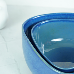 Glossy Blue Ceramic Triangle Serving Bowl | Set of 2