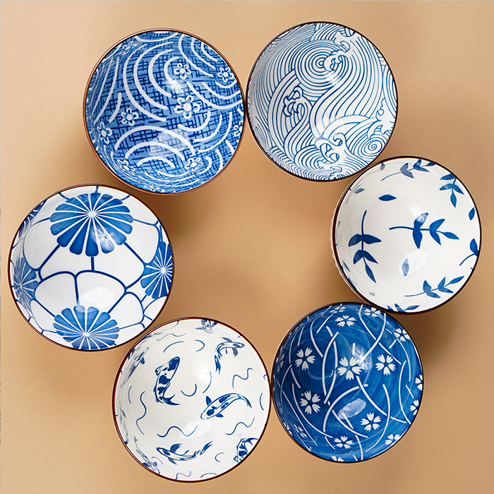 Blue Artwork Ceramic Bowls Set of 6 with Chopsticks