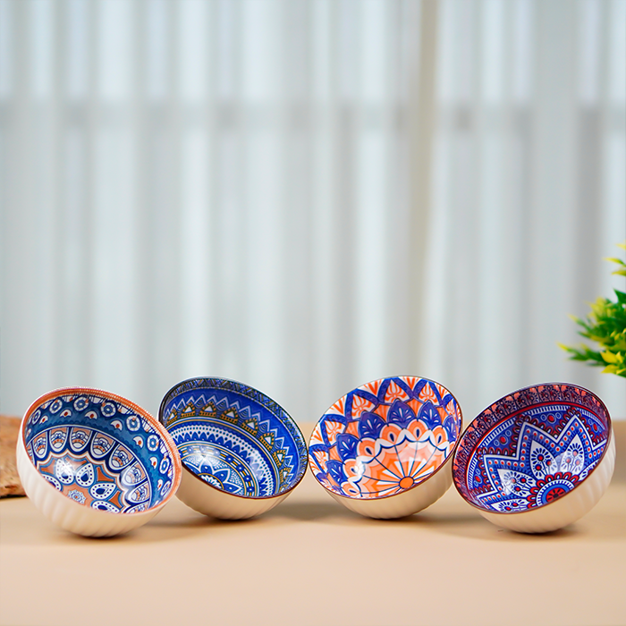 Geometric Floral Pattern Painted Ceramic Bowls Set of 4