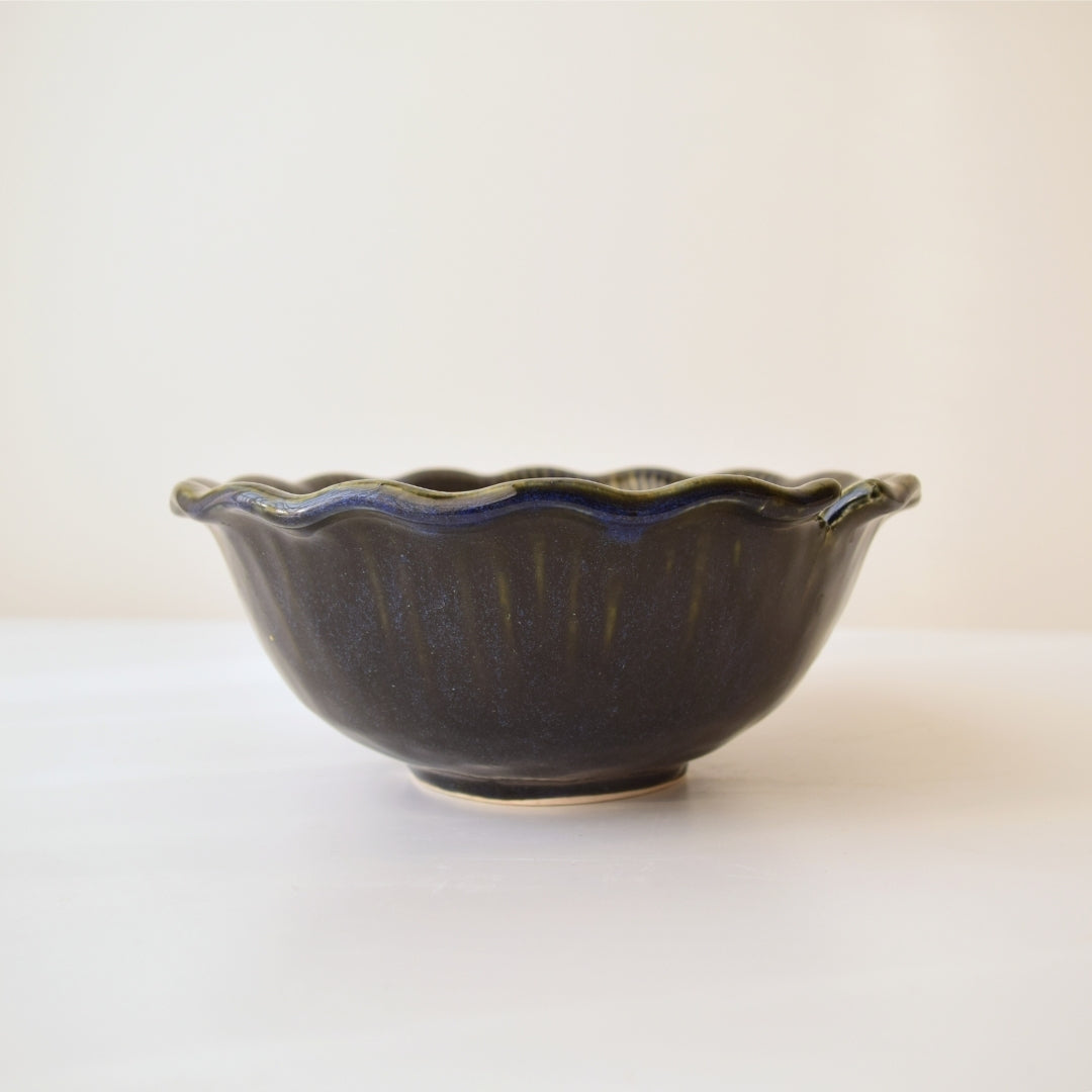 Blue Ceramic Serving Bowl with Green Edge