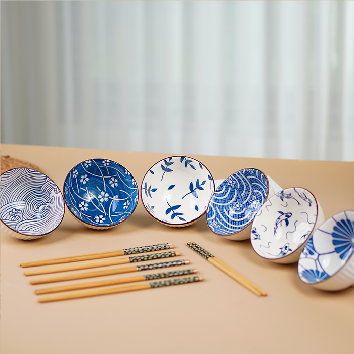 Blue Artwork Ceramic Bowls Set of 6 with Chopsticks