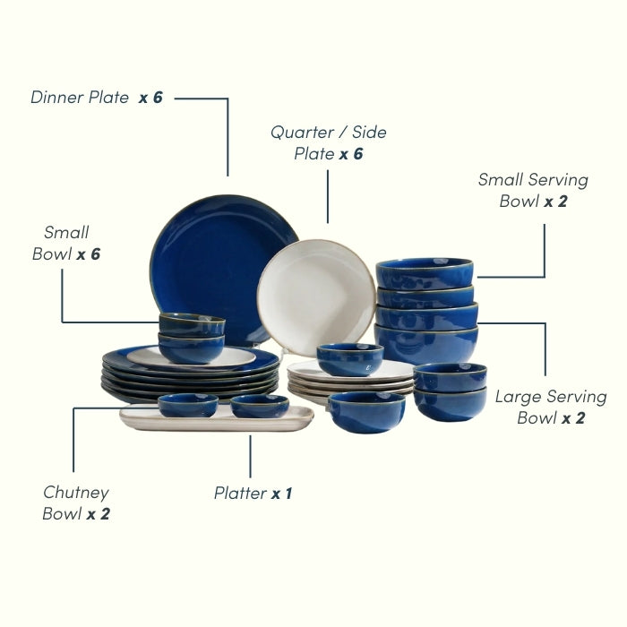 Modern Blue & White Ceramic Dinner Set of 25