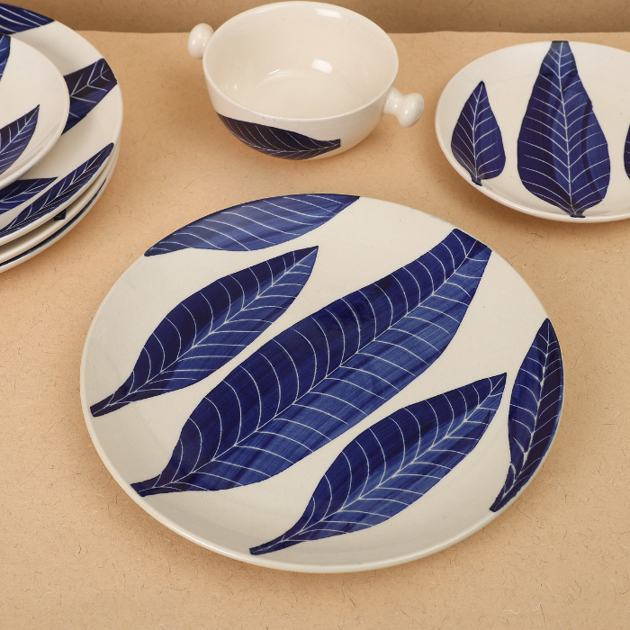 White Base Dinner Plate with Blue Leaf design