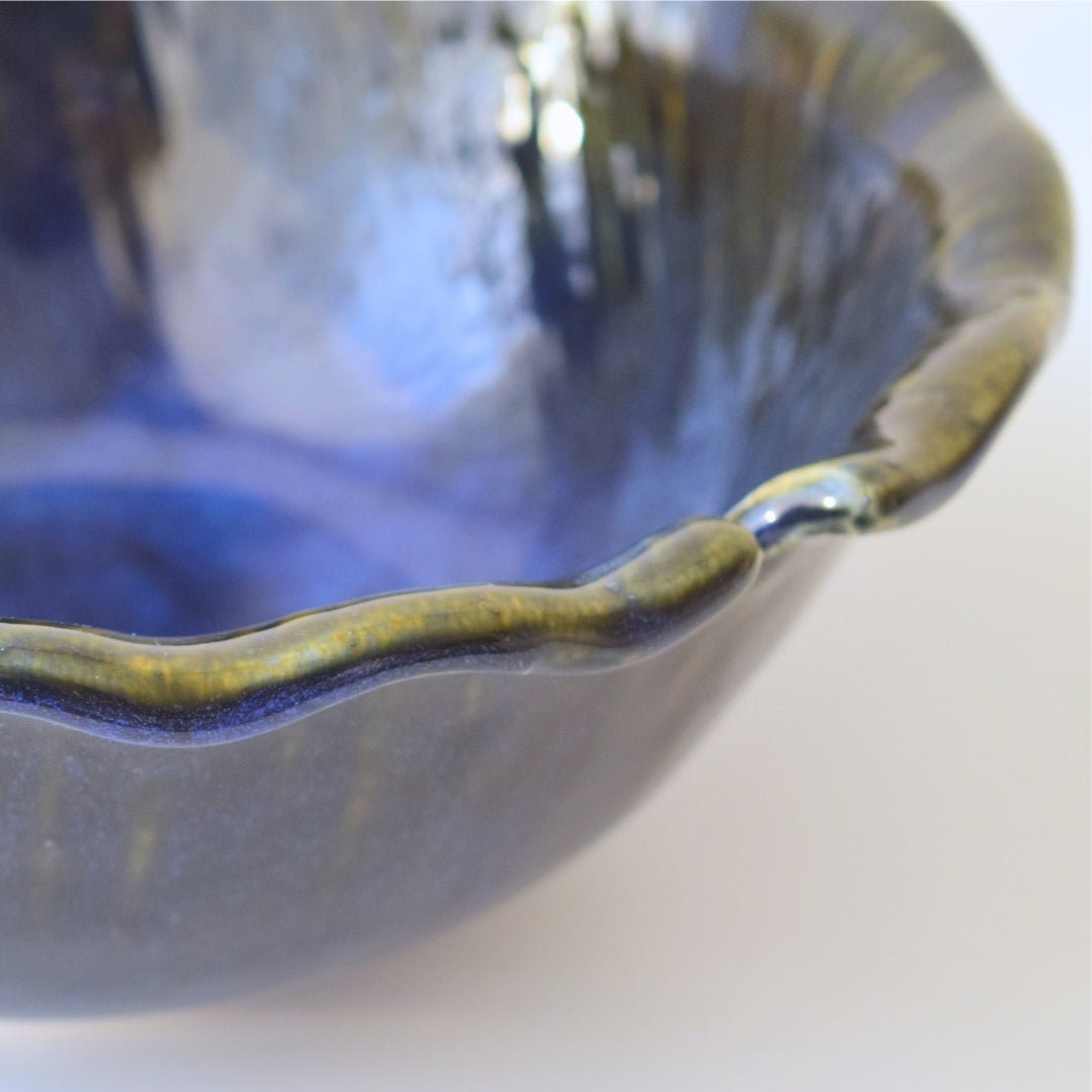 Blue Ceramic Serving Bowl with Green Edge