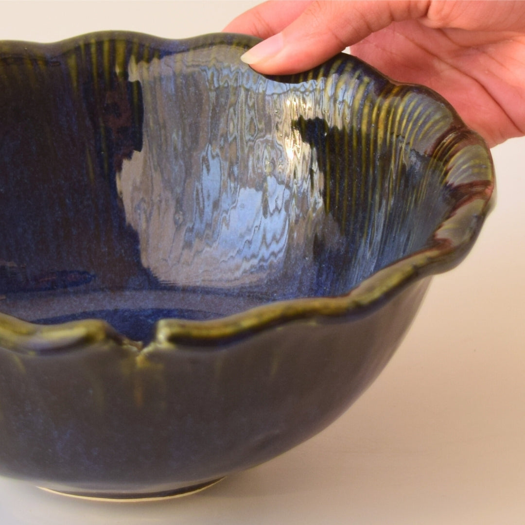 Blue Ceramic Serving Bowl with Green Edge