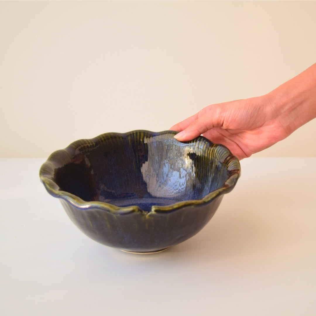 Blue Ceramic Serving Bowl with Green Edge