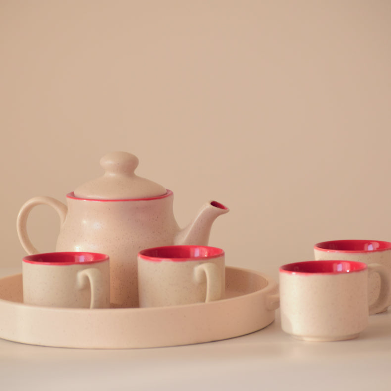 Red Ceramic Tea Set with Tray | Set of 6