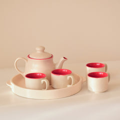 Red Ceramic Tea Set with Tray | Set of 6