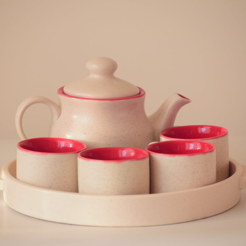 Red Ceramic Tea Set with Tray | Set of 6