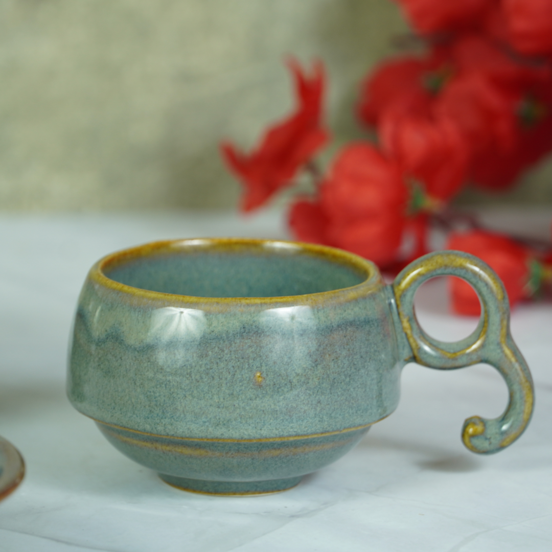 Grey Ceramic Unique Cup and Saucer with Golden Border