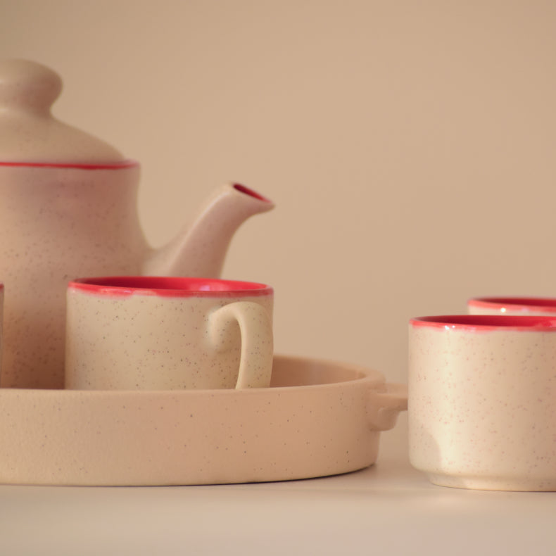 Red Ceramic Tea Set with Tray | Set of 6