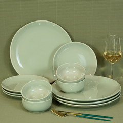 Glossy Sage-Green Porcelain Dinner Set (Set of 12)