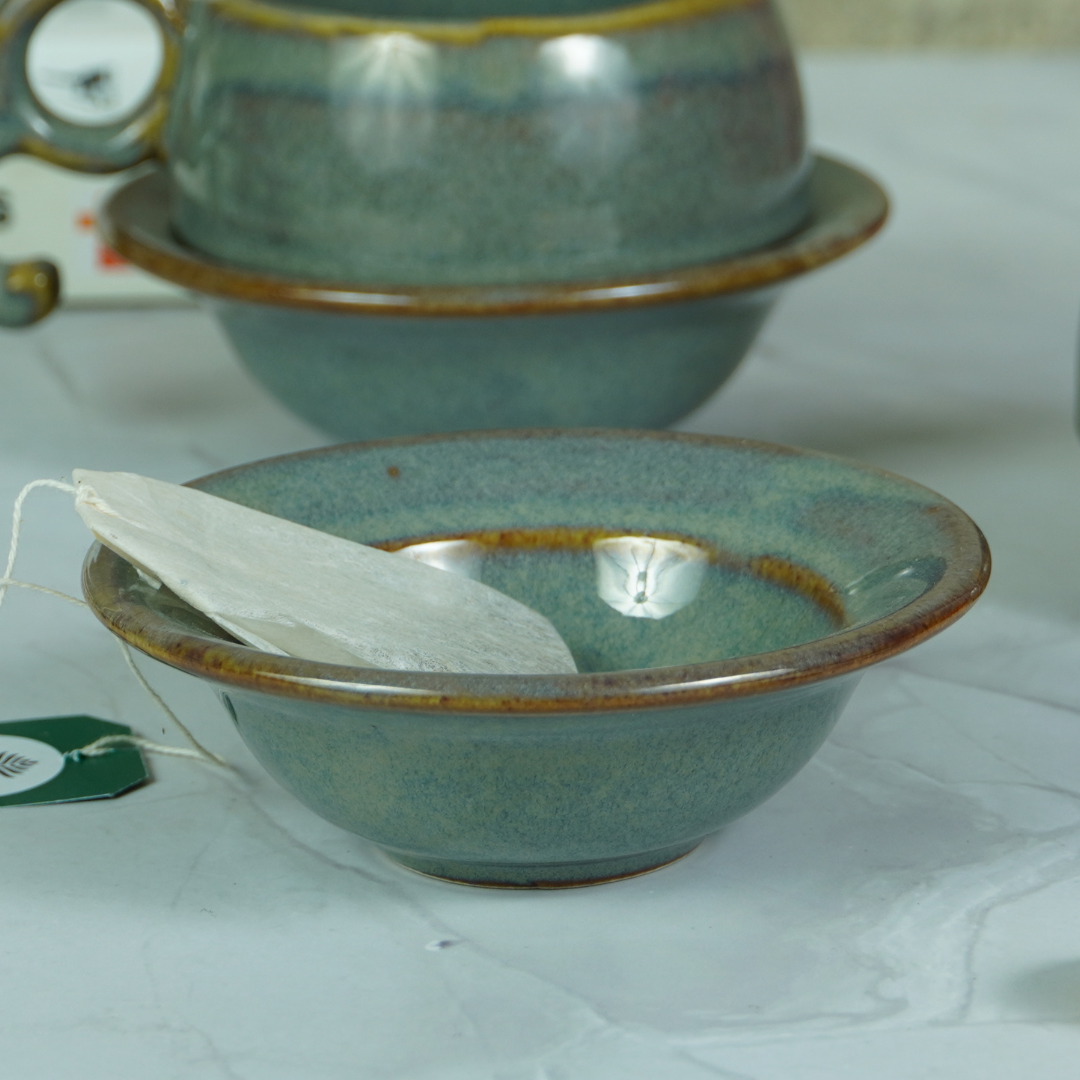 Grey Ceramic Unique Cup and Saucer with Golden Border