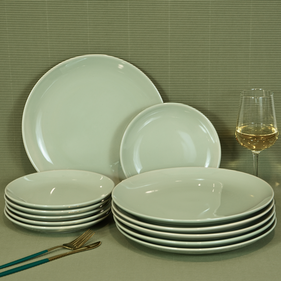 Glossy Sage-Green Porcelain Dinner Set (Set of 12)