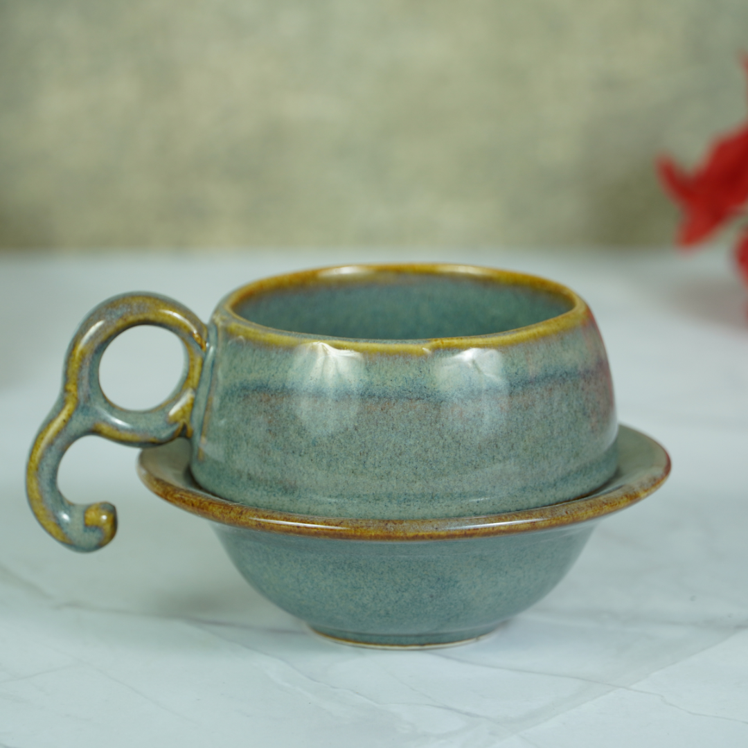 Grey Ceramic Unique Cup and Saucer with Golden Border Main image