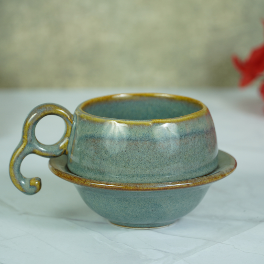 Grey Ceramic Unique Cup and Saucer with Golden Border