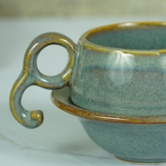 Grey Ceramic Unique Cup and Saucer with Golden Border