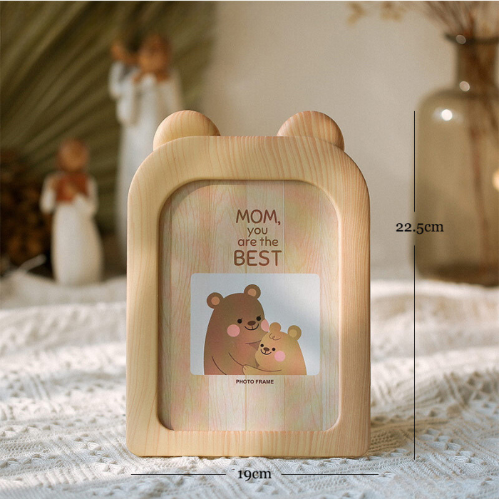 Natural Wood Photo Frame with Bear Ears Design