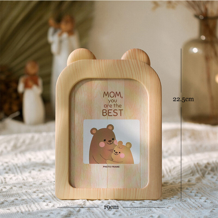 Natural Wood Finish Photo Frame with Bear Ears Design