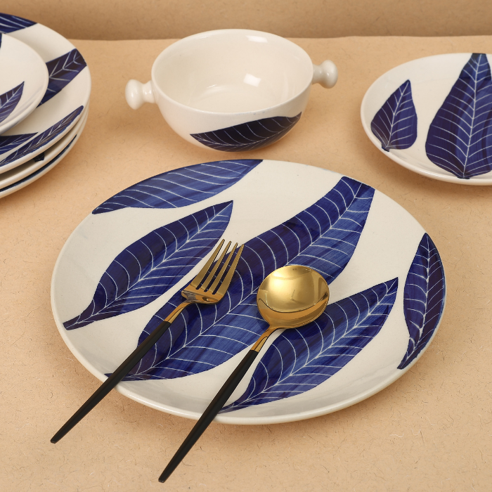 White Base Dinner Plate with Blue Leaf design - Main Image