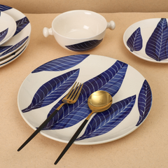 White Base Dinner Plate with Blue Leaf design