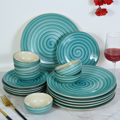 Ceramic Aqua-Blue Serenity Spiral Dinner Set (Set of 18)