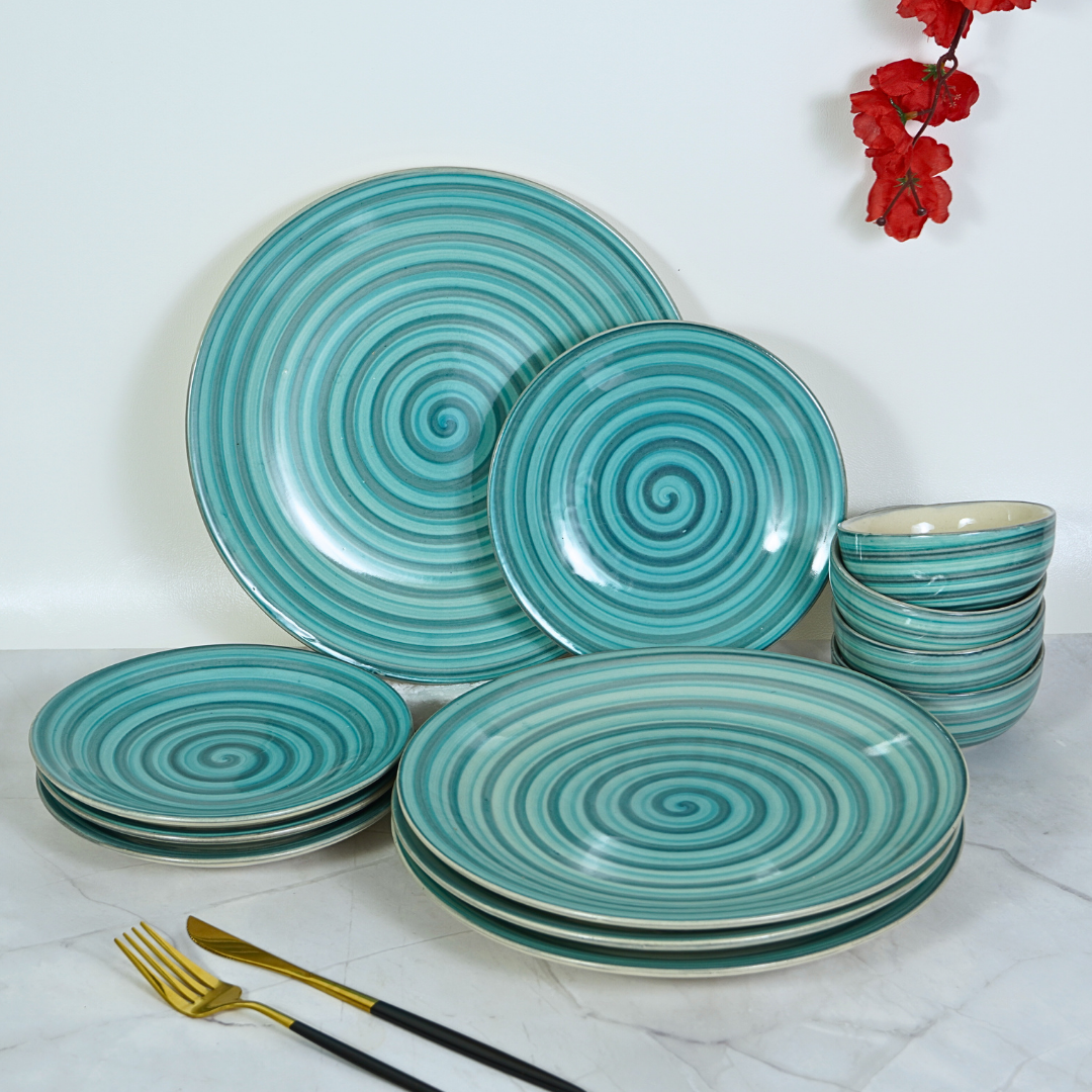 Ceramic Aqua-Blue Serenity Spiral Dinner Set (Set of 12)