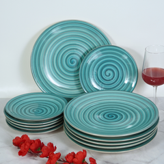 Ceramic Aqua-Blue Serenity Spiral Dinner Set (Set of 12)