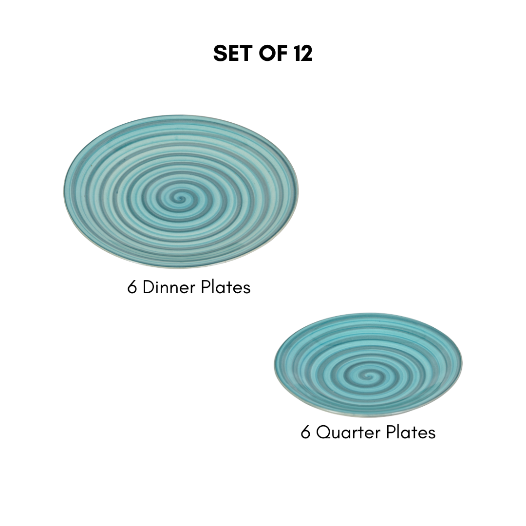 Ceramic Aqua-Blue Serenity Spiral Dinner Set (Set of 12)