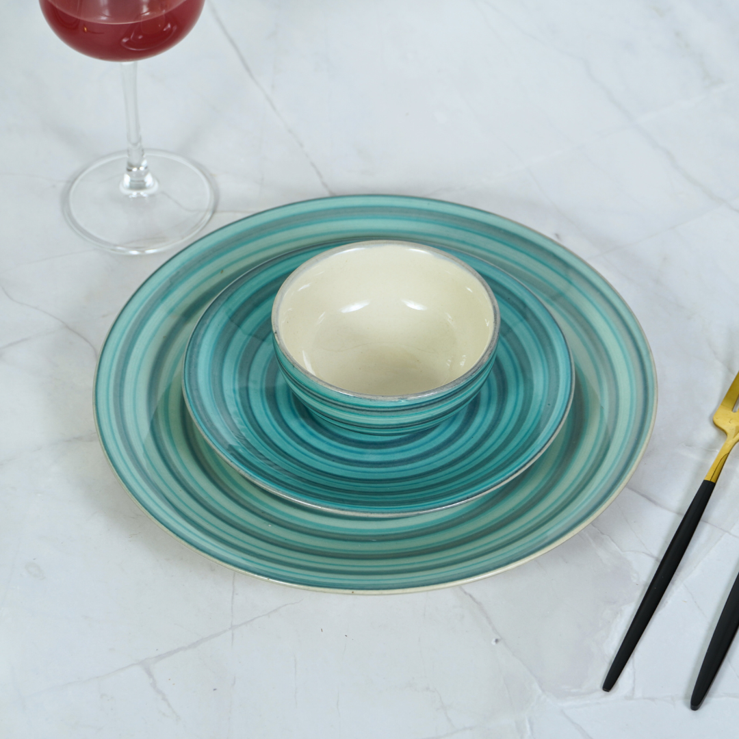 Ceramic Aqua-Blue Serenity Spiral Dinner Set (Set of 12)