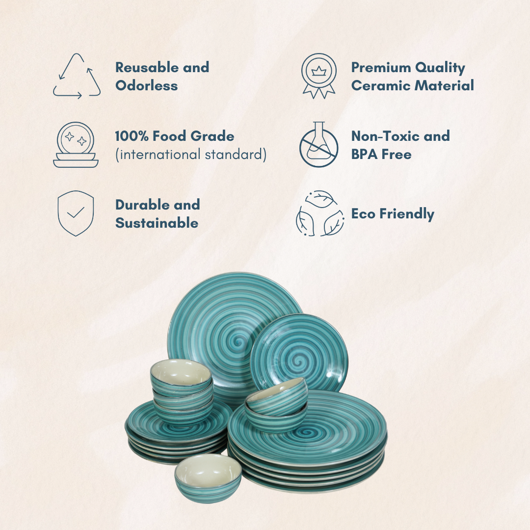 Ceramic Aqua-Blue Serenity Spiral Dinner Set (Set of 12)