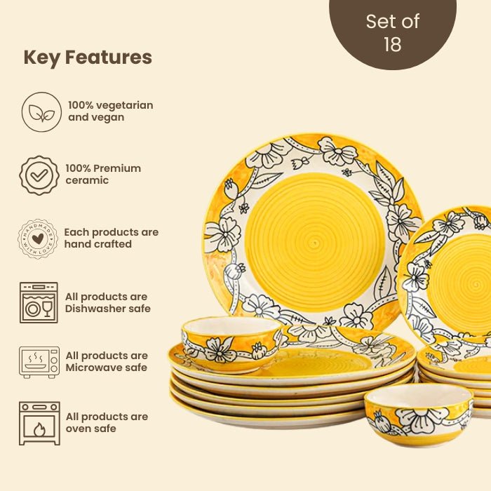 Yellow Ceramic Dinner Set with Black Floral Border - Set of 18