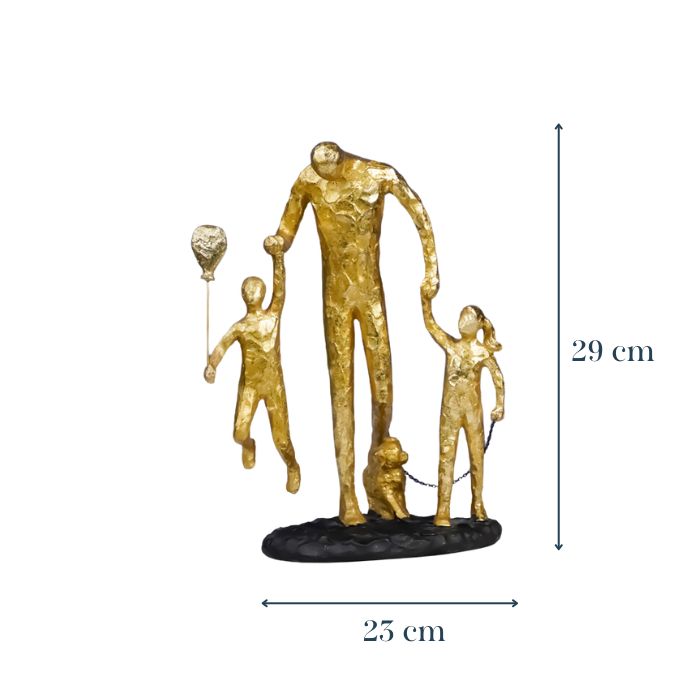 Gold Family Sculpture with Balloon - Joyful Moments in Art