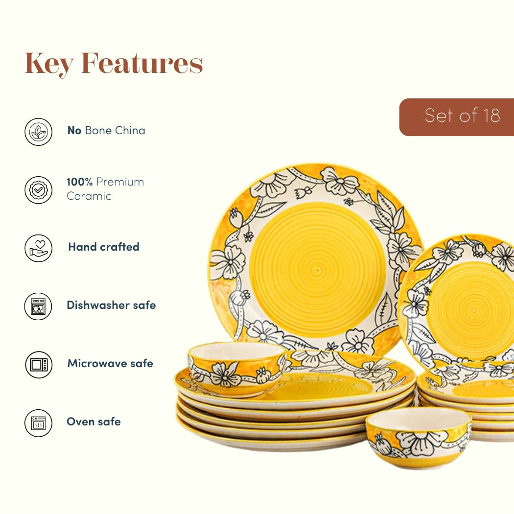Yellow Ceramic Dinner Set with Black Floral Border - Set of 18