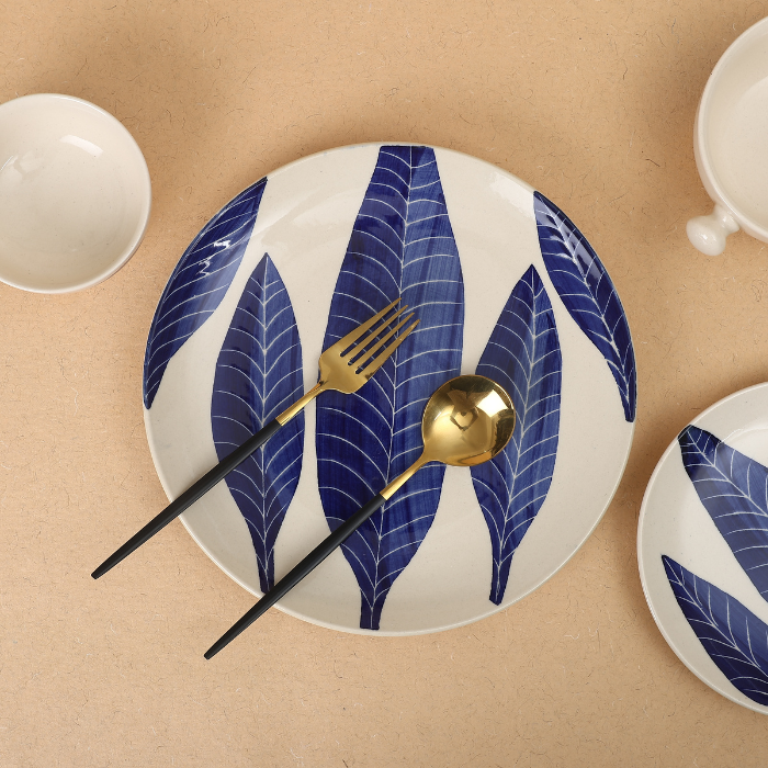 White Base Dinner Plate with Blue Leaf design