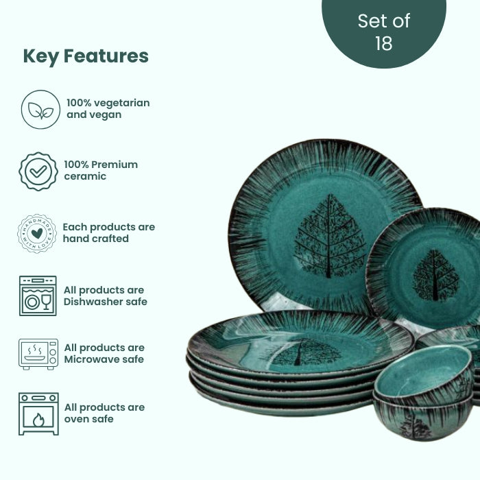 Ceramic Dinnerware Set with Black Tree Motif - Set of 18