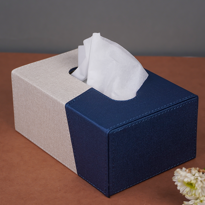 Blue and Beige Tissue Box Holder with Faux Leather Cover