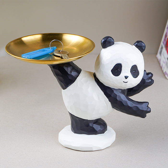 Black and White Panda Figurine with Gold Tray Holder