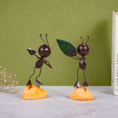 Handcrafted Metal Ant Figurines with Crystal Leaf - Set of 2