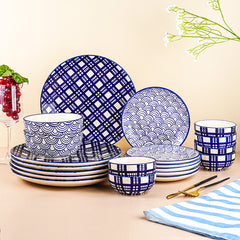 Blue and White Patterned Ceramic Dinner Set - Set of 20