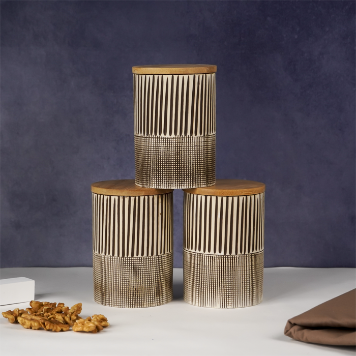 Beige Textured Storage Jar with Lid - Set of 3 Main image
