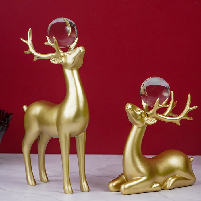 Gold Deer Sculptures with Crystal Balls