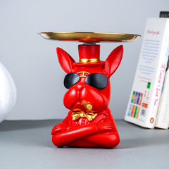 Red Bulldog Figurine with Gold Tray