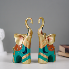 Gold and Teal Twin Elephant Figurines - Set of 2