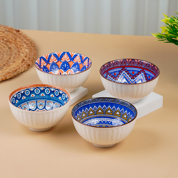 Geometric Floral Pattern Painted Ceramic Bowls Set of 4