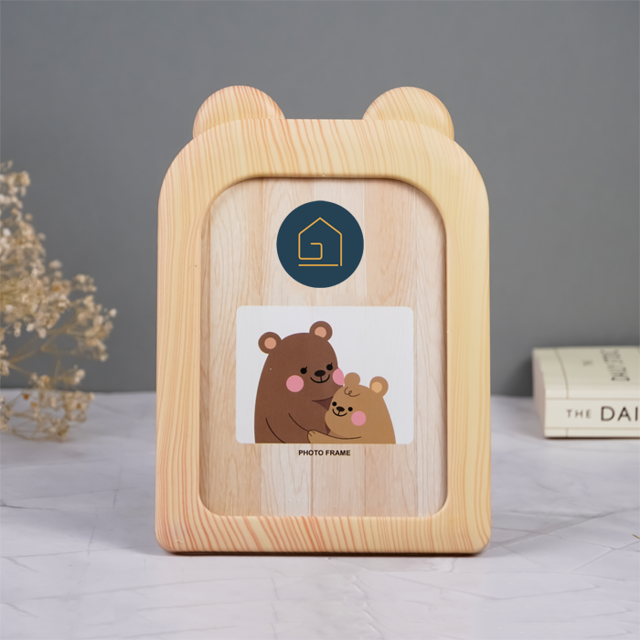 Natural Wood Photo Frame with Bear Ears Design