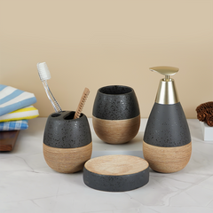 Matte Black and Wood Textured Bathroom Accessory Set