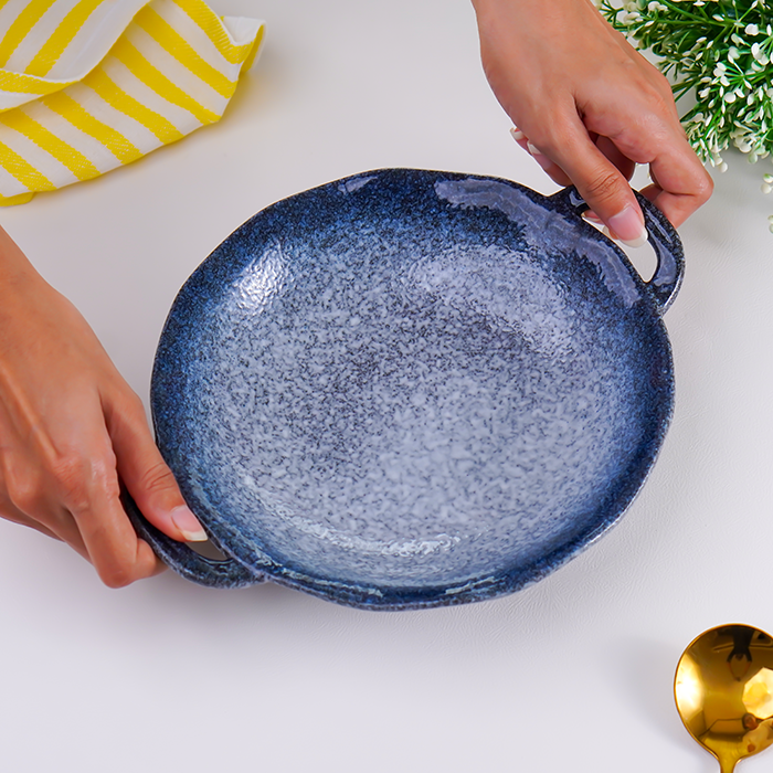 Matte Blue Ceramic Bowl with Unique Dual-Handle Design