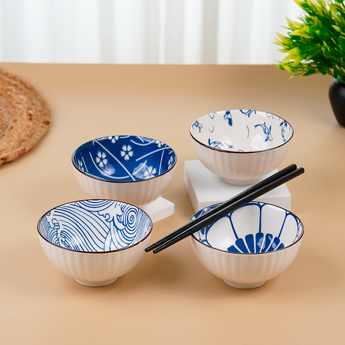 Blue Artwork Ceramic Bowls Set of 4